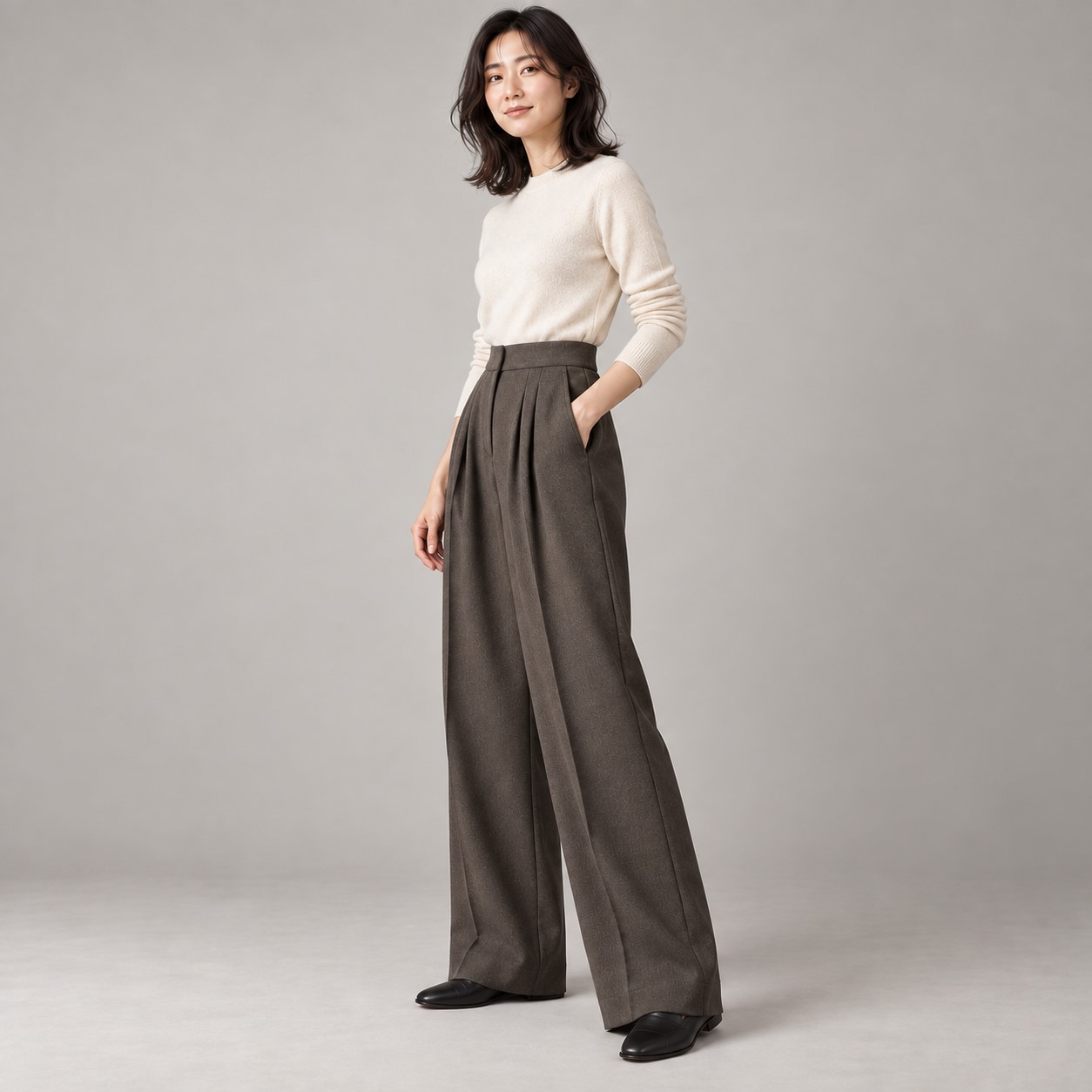 ウール混ツイル ダブルタックワイドパンツ モデル側面着用