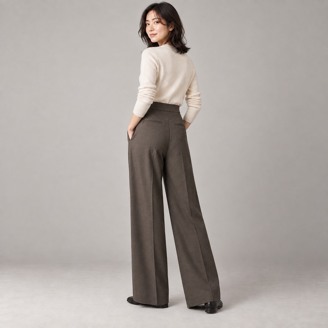 ウール混ツイル ダブルタックワイドパンツ モデル背面着用