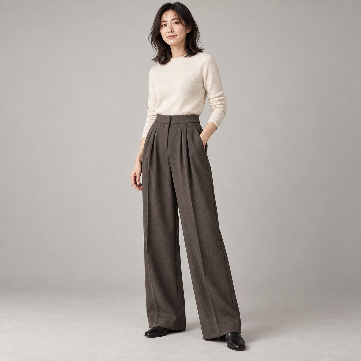 ウール混ツイル ダブルタックワイドパンツ モデル正面着用
