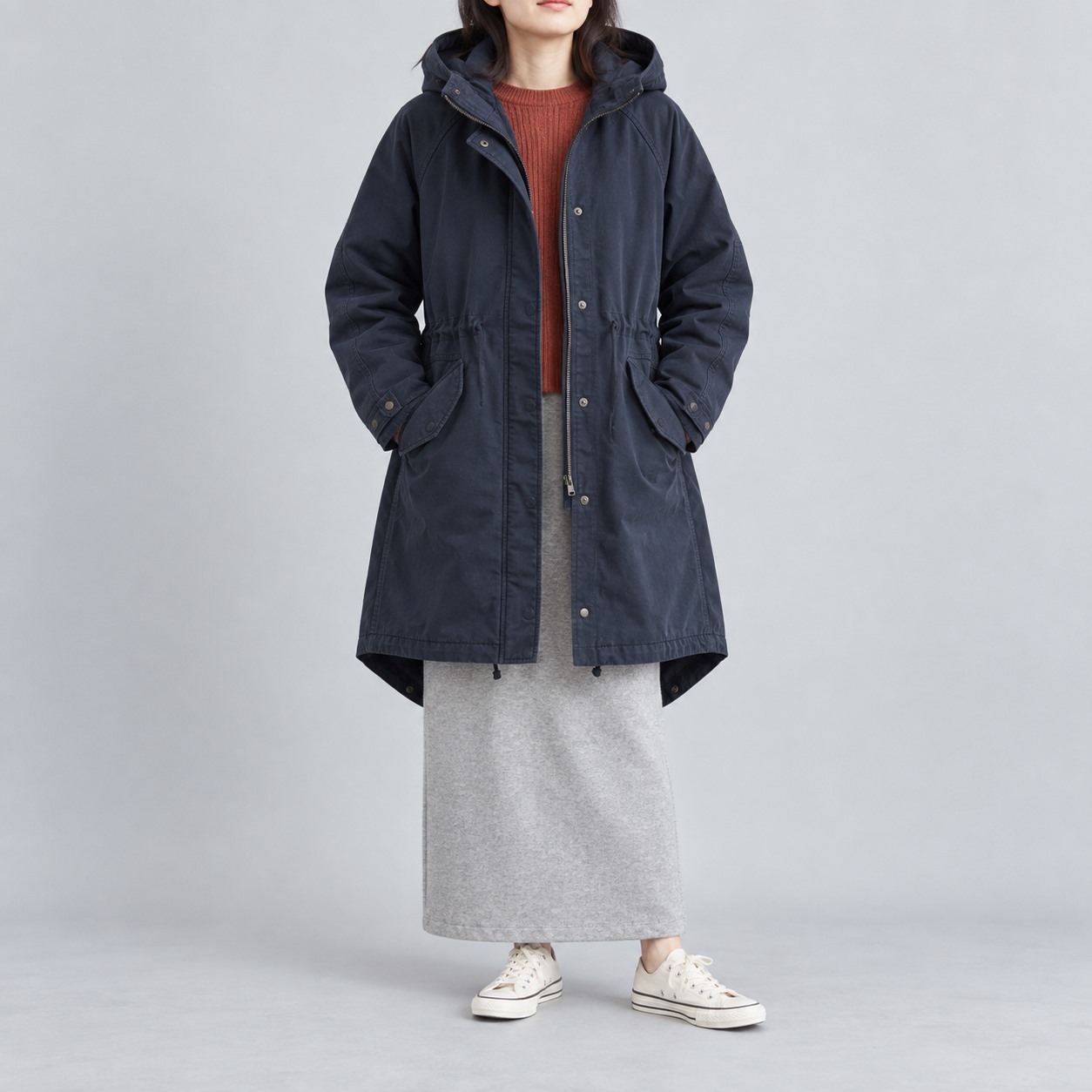 厚手コットンキャンバス フーデッドパーカコート モデル正面着用