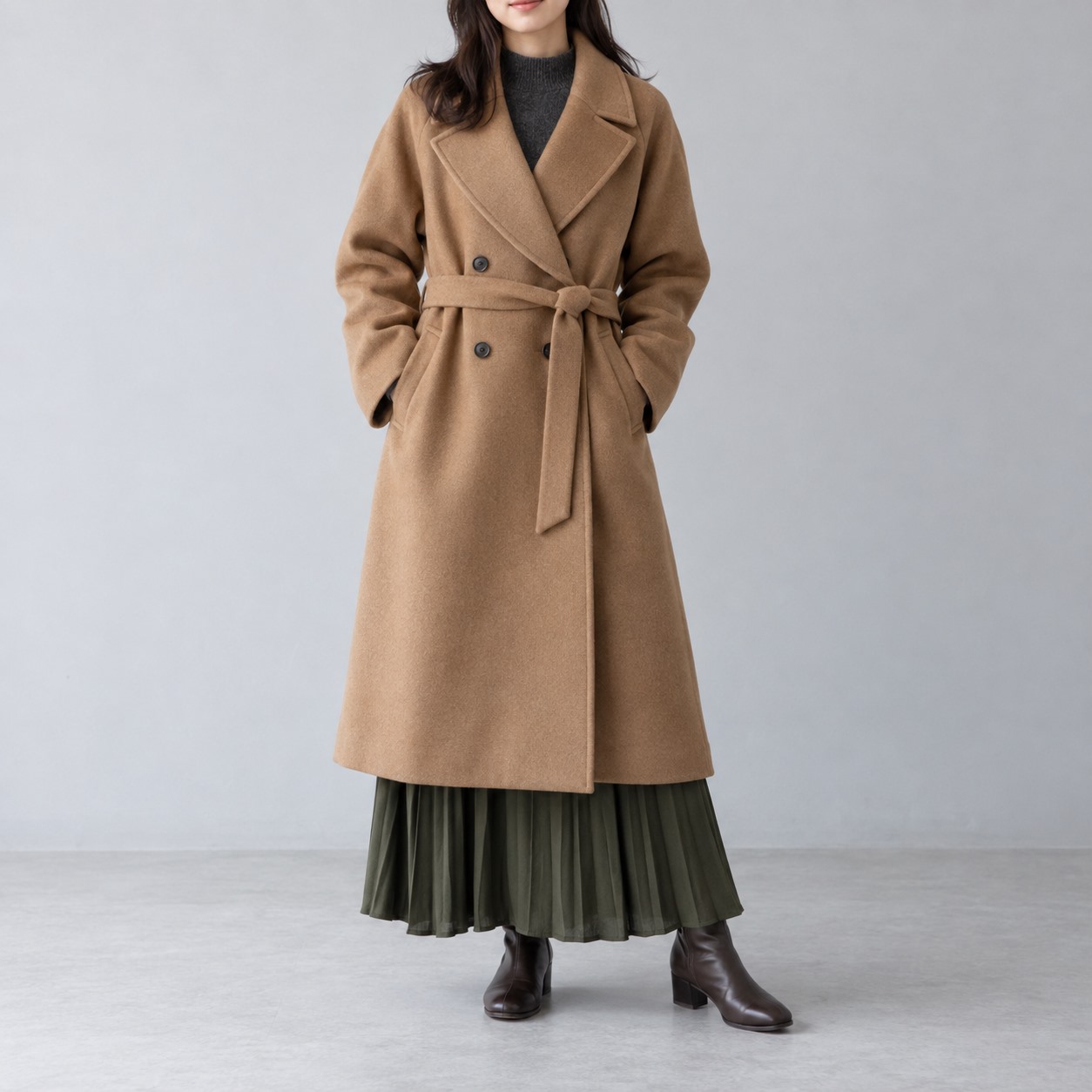 ダブルフェイス調 ベルテッドラップコート モデル正面着用