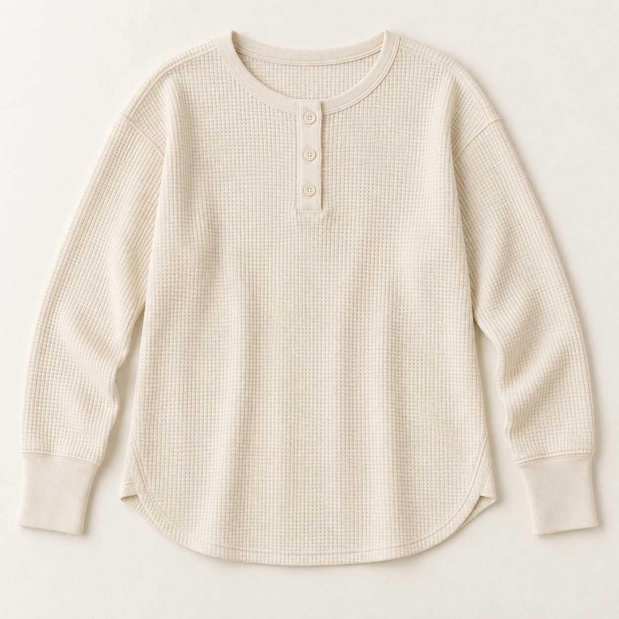 コットンワッフル ヘンリーネックロングスリーブカットソー 商品平置き