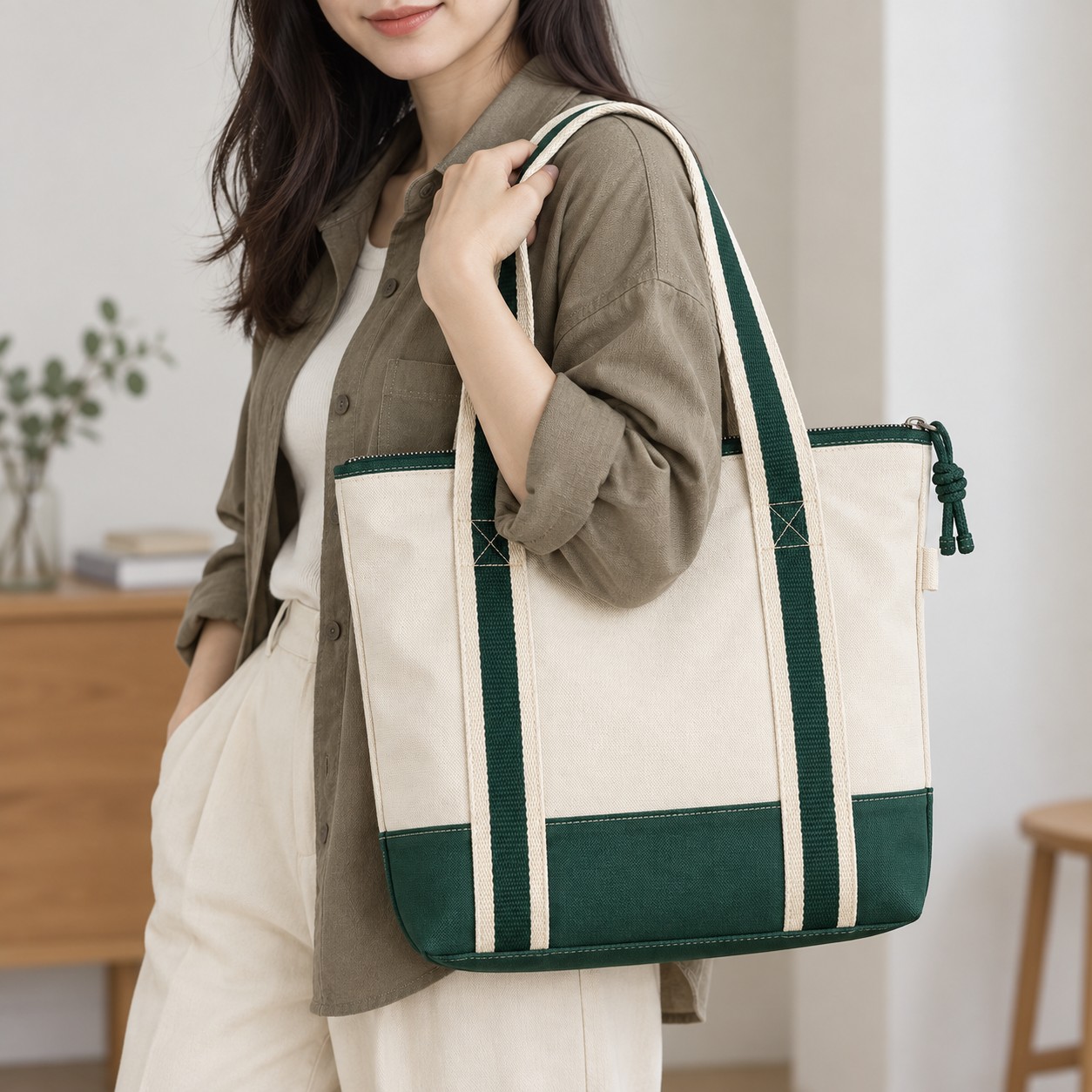 配色テープ キャンバストートバッグ 着用イメージ
